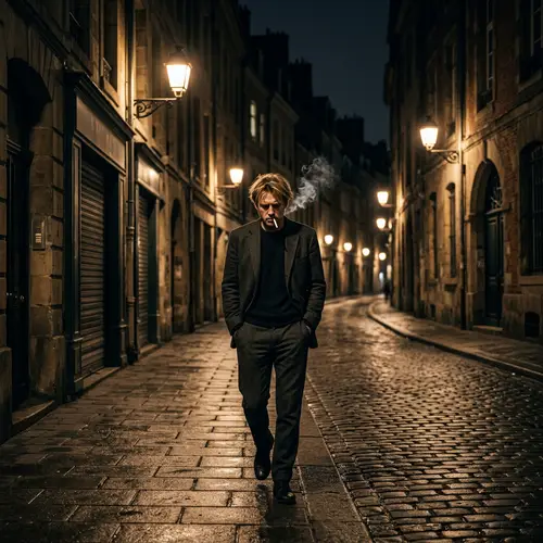 Sad Blond Man in Casual Suit Walking Through Deserted Night City Streets