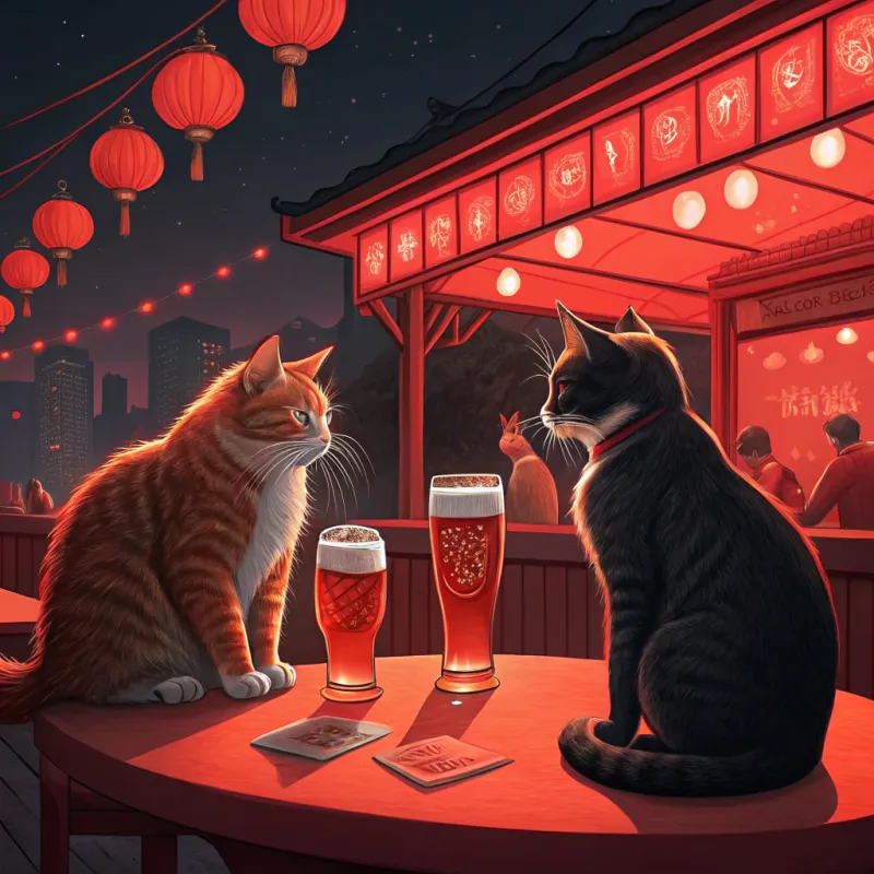 Two Cats Enjoying Beers at a Cozy Bar Two Cats Enjoying Beers at a Cozy Bar