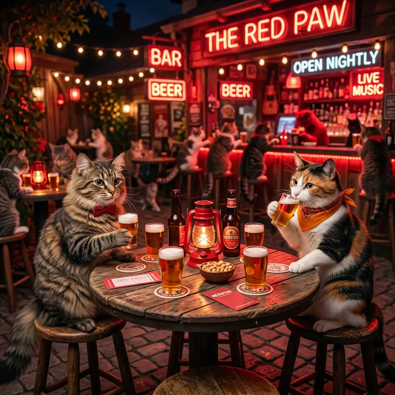 Two Cats Enjoying Beers at a Cozy Bar