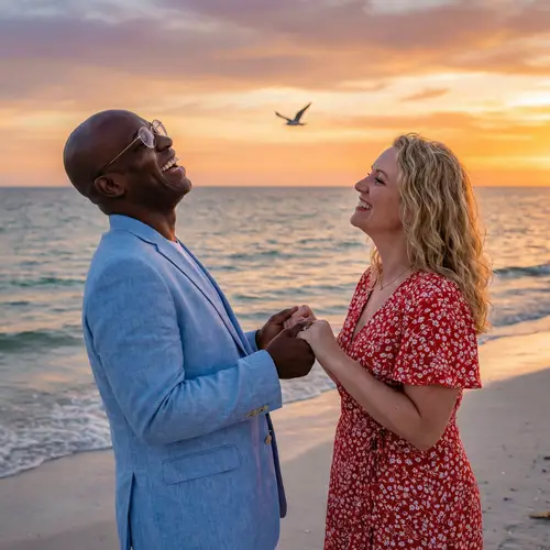 Joyful Married Couple on Beach at Sunset