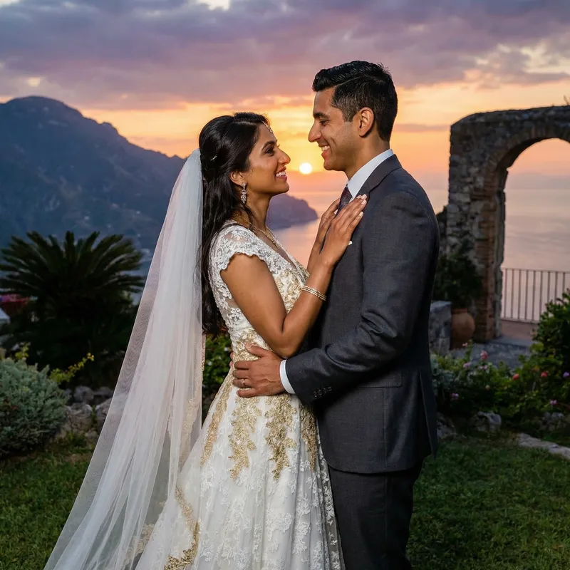 Joyful Hispanic Man & South Asian Woman Wedding | Sunset Celebration