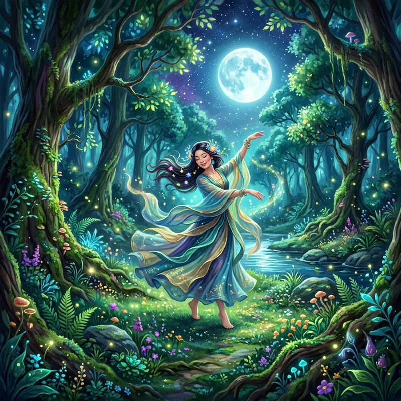 Enchanting Moonlit Forest Nymph Dance | Vibrant Fantasy Scene