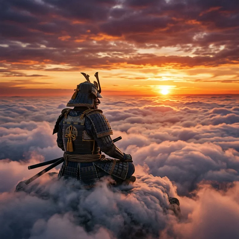 Samurai Watching Sunset Above the Clouds Samurai Watching Sunset Above the Clouds