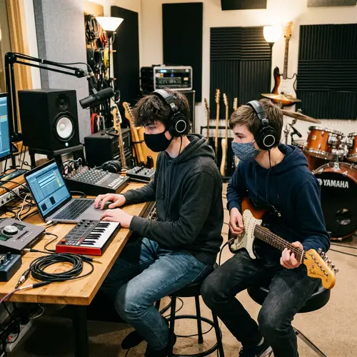 Teen Boys in Music Studio with Masks
