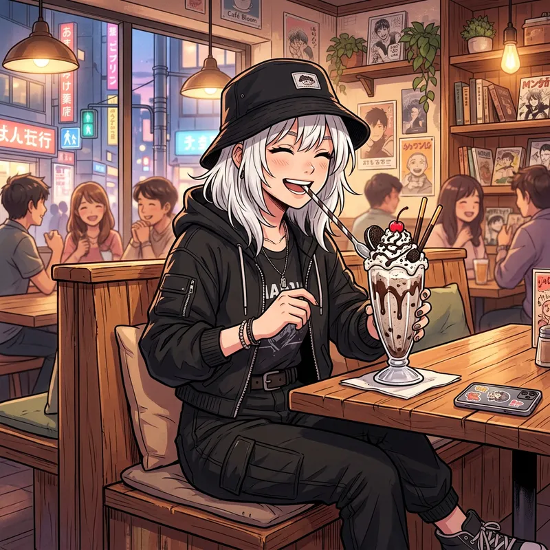 Anime Character with White Hair in Stylish Black Outfit Enjoying Milkshake