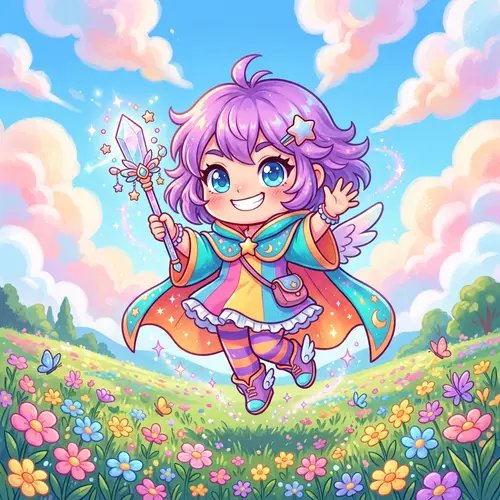Cute Chibi-Style Character with Crystal Wand in Colorful Outfit