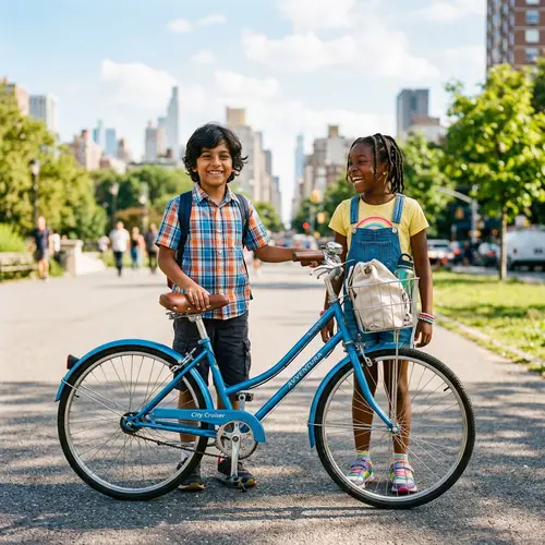 Cheerful South Asian Boy and Black Girl With Classic Blue Bike