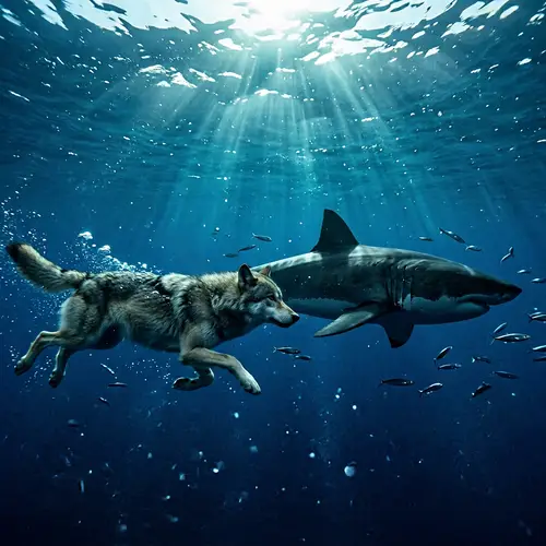 Gray Wolf Swimming with Shark in Ocean Depths