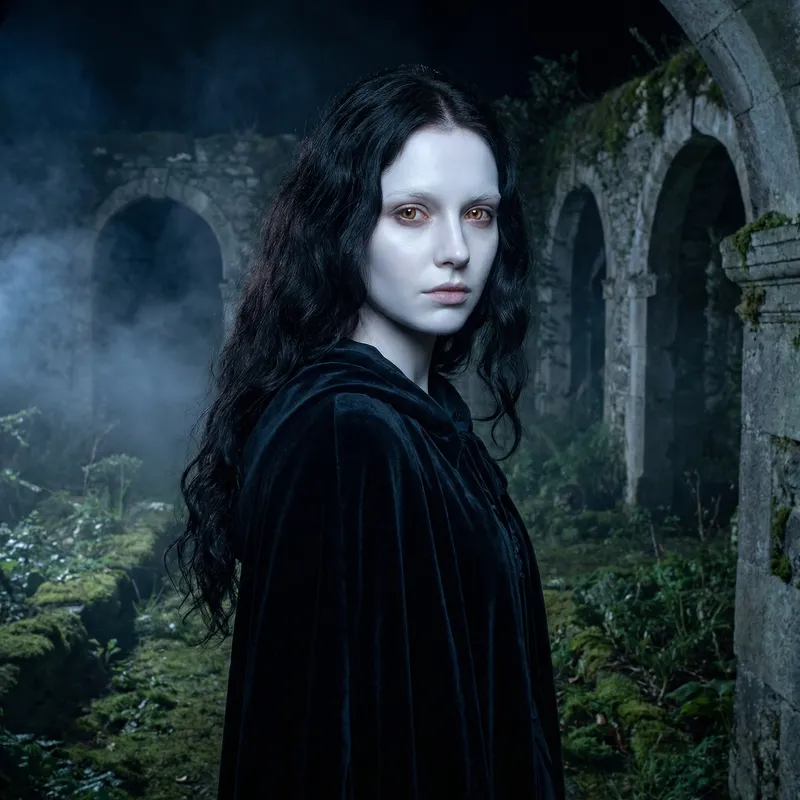 Moonlit Beauty: Enigmatic Pale Lady with Dark Hair & Amber Eyes