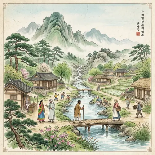 Serene Korean Watercolor Painting: Trees, Stream & Village Life