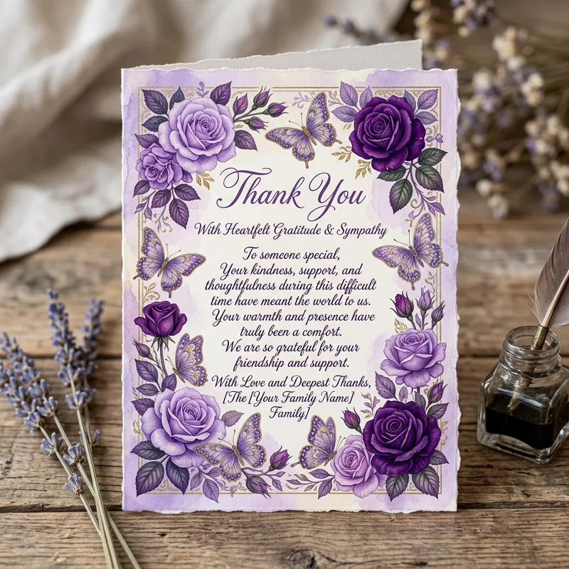Beautiful Sympathy Gratitude Card with Purple Roses