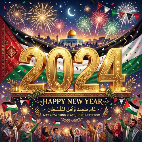 Celebrate New Year 2024 with Gold Numbers and Palestinian Flag Theme