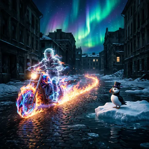 Ghost Rider Meeting Penguin in Mystical Scene