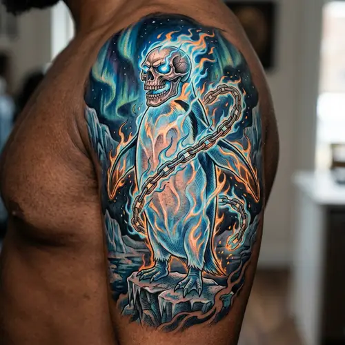 Arctic Penguin x Ghost Rider Tattoo Design