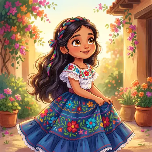 Charming Young Hispanic Girl in Vibrant Traditional Dress | Joyful Cartoon Art