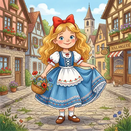 Cute European Girl with Golden Hair and Red Bow in Blue Poufy Skirt