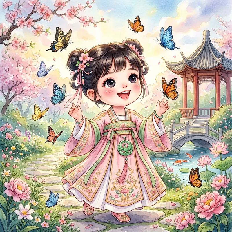 Enchanting Chibi Style Portrait of Young Asian Girl in Traditional Chinese Attire