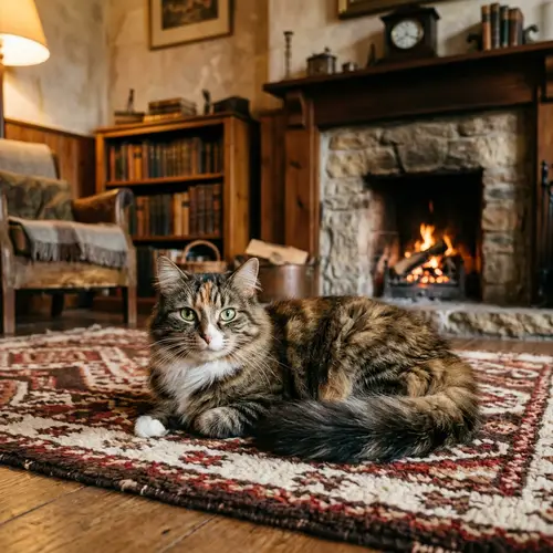 Solitary Domestic Cat with Fluffy Fur in Brown, Black, and White