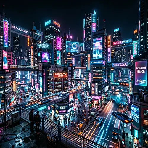 Futuristic Cybernetic Cityscape | Neon-Lit Night Scene