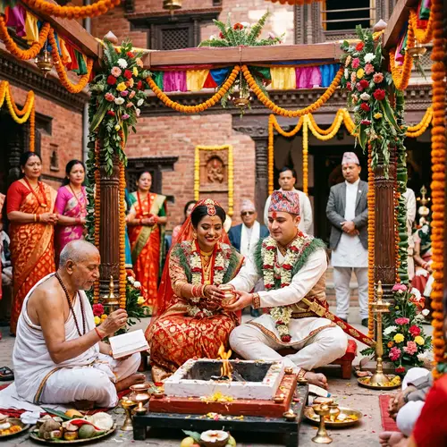Traditional Nepali Wedding Ceremony in Decorated Courtyard