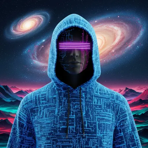 Futuristic Web3 Avatar in Shimmering Blue Hoodie