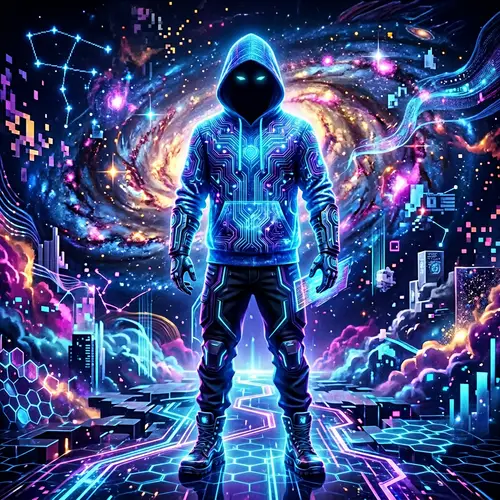 Futuristic Web3 Avatar in Shimmering Blue Hoodie