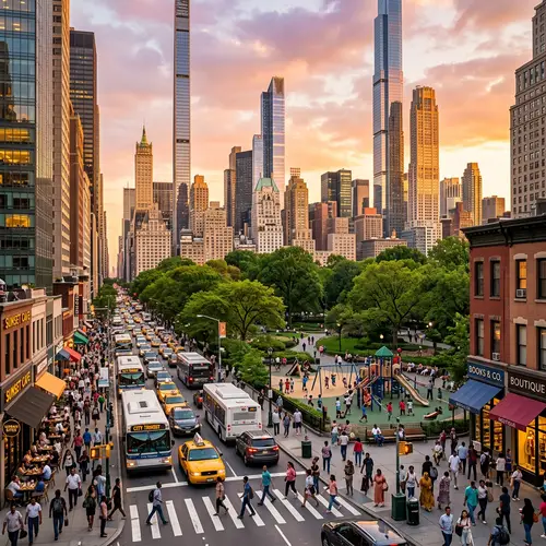 Dynamic Cityscape at Dusk | Urban Diversity & Vibrance