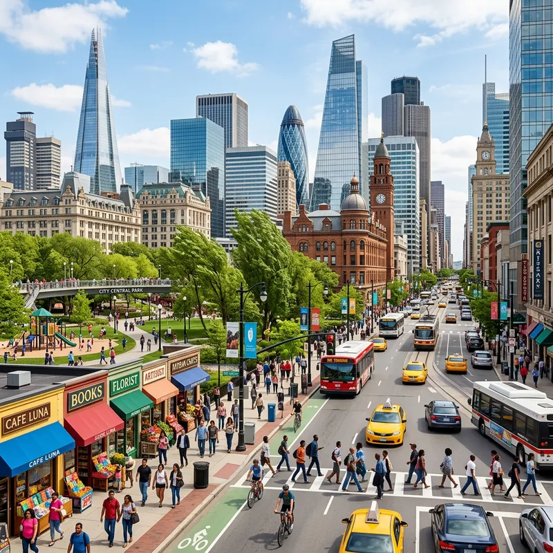 Dynamic Cuidad Cityscape - Multicultural Urban Life & Architecture