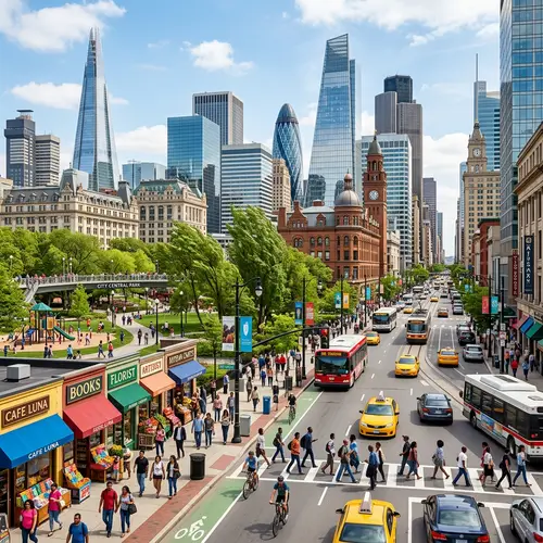 Vibrant Cityscape - Diverse Urban Life with Modern Architecture