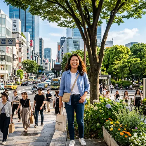 Smiling Asian Woman in City Park | Positivity and Happiness