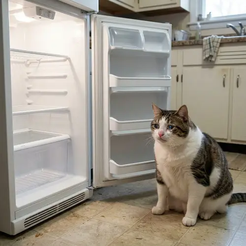 Distressed Overweight Cat by Empty Refrigerator | Emotional Scene