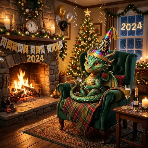 Festive Dragon in Cozy Armchair by Fireplace | New Year Charm