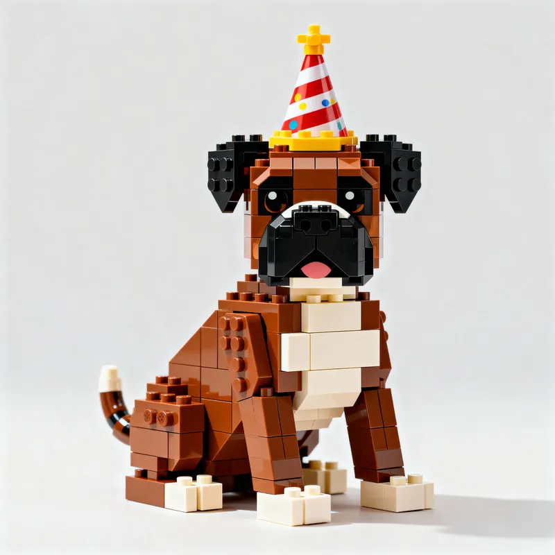 Brown Boxer Dog Lego Figure with Birthday Hat