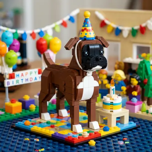 Brown Boxer Dog Lego Figure with Birthday Hat