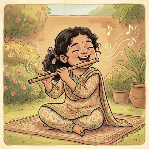 Joyful South Asian Girl Playing Flute in Disney Style