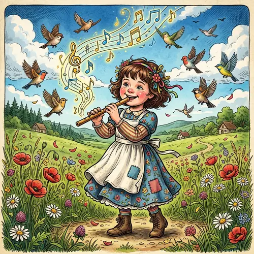 Joyous Down Syndrome Girl Playing Flute - Cartoon Illustration