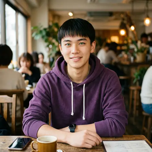 Asian 19-Year-Old Male with Striking Green Eyes in Purple Hoodie