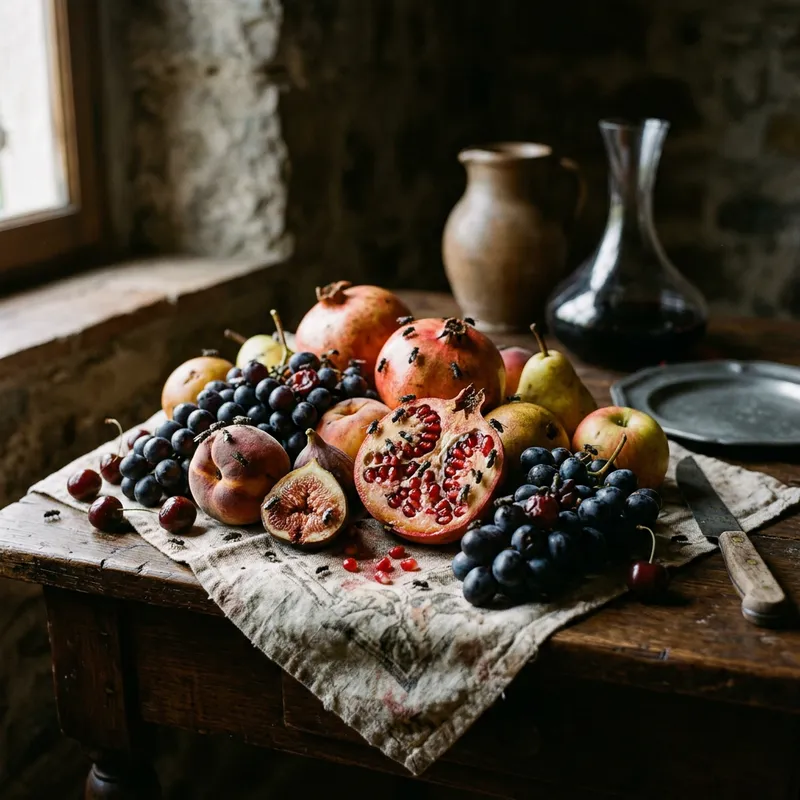 Bodegón Fruits with Flies - Artistic Still Life Image