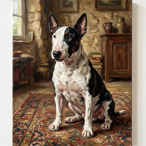 White and Black Bull Terrier Oil Painting
