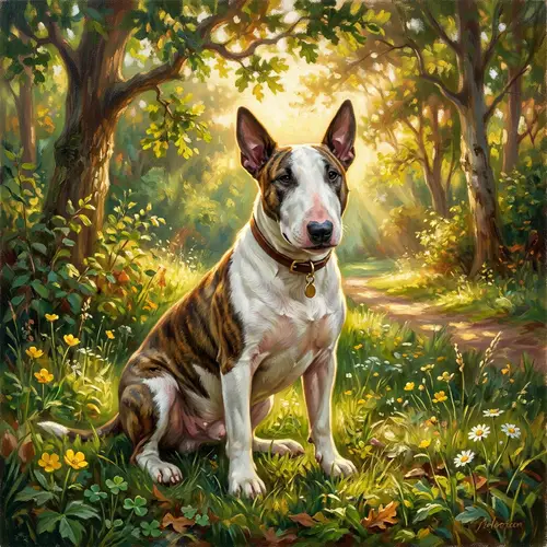 Tranquil Bull Terrier Oil Painting in Natural Setting