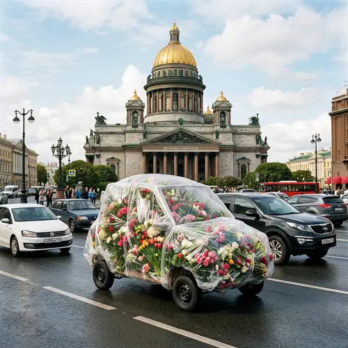 Hyperrealistic Scene near Saint Isaac's Cathedral with Cars and Flower-Filled Plastic Bag