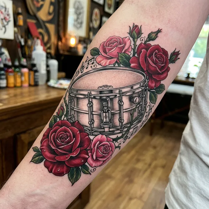 Drum Snare and Roses Tattoo | Detailed Musical Nature Design