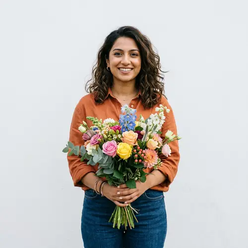 South Asian Woman with Bouquet of Flowers | White Background