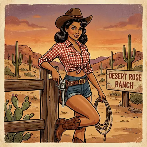 Pin-Up Cowgirl: Vintage Illustration of a South Asian Icon