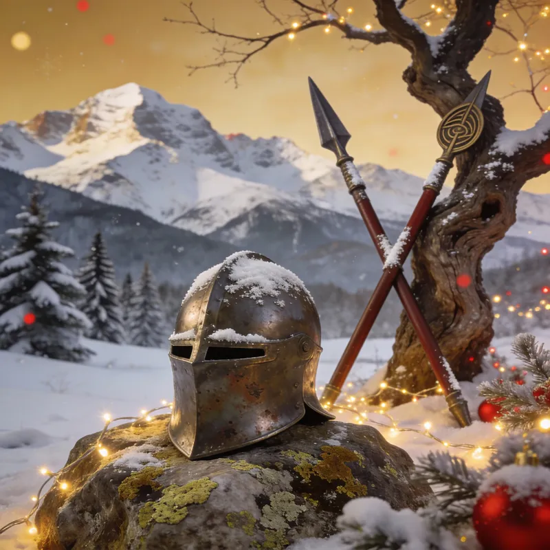 Unique Christmas Card Featuring Greek Spear and Helmet