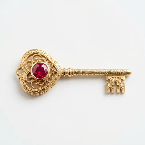 Elegant Golden Skeleton Key with Ruby Detail