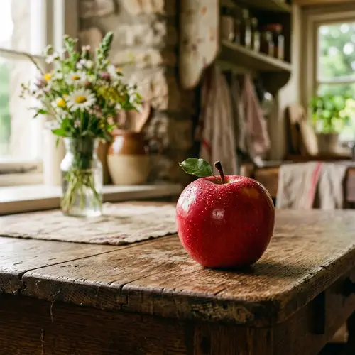Fresh Ripe Red Apple on Rustic Wooden Table