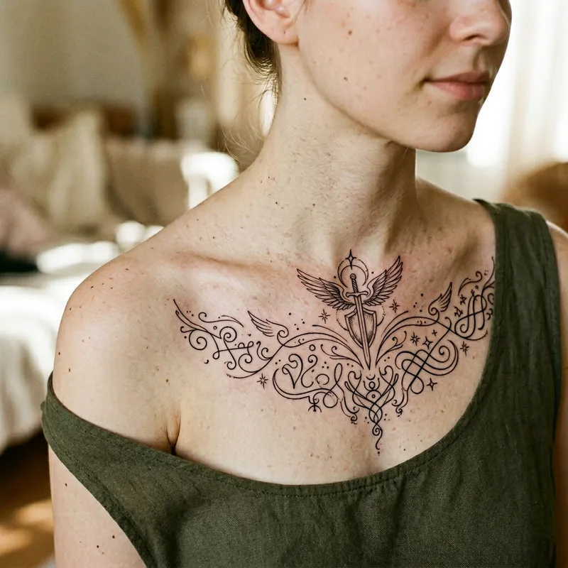 Elegant Angel Tattoos Under Collarbone Design