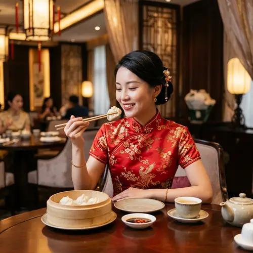 Elegant Chinese Woman in Red Qipao Enjoys Dumplings