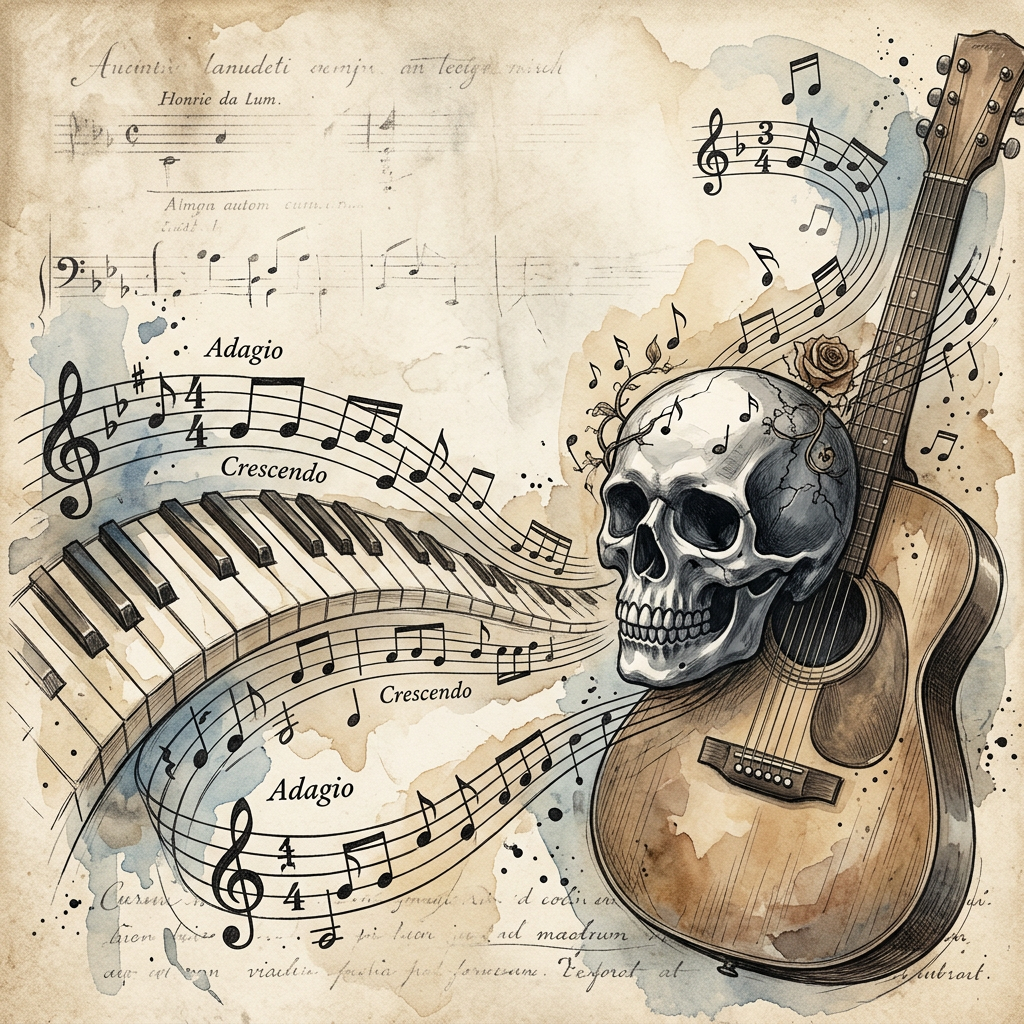 Musical Harmony: Notes, Piano, Guitar & Skull Art | AI Art